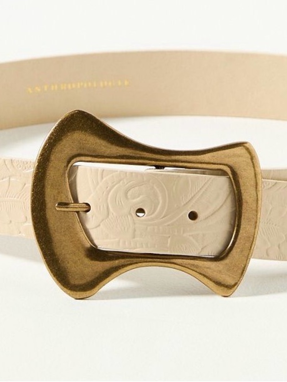 Anthropologie Statement Belt Floral Embossed Leather Brass Sculptural Buckle 2x